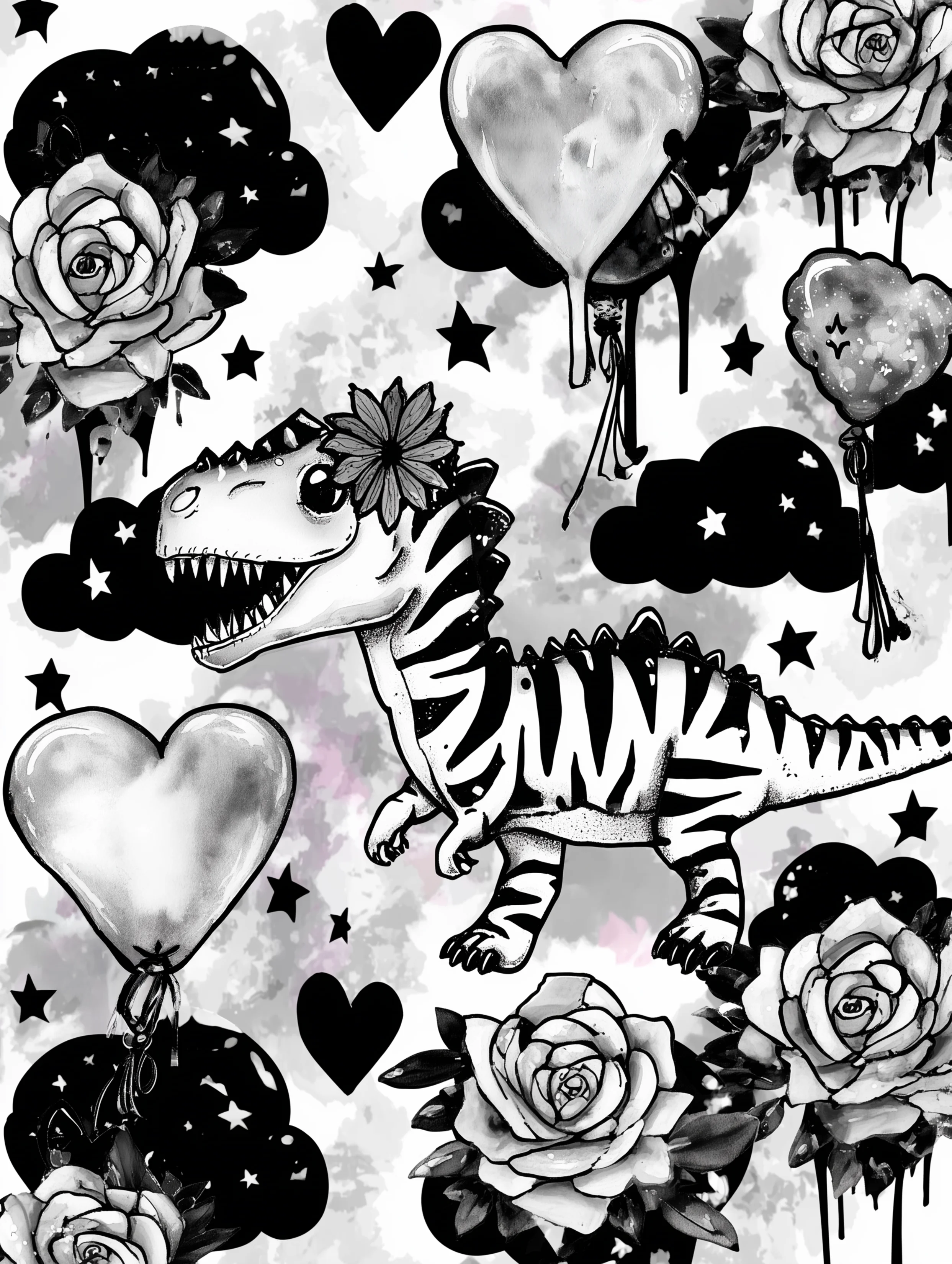 Free printable dinosaur coloring page for adults featuring a dinosaur with heart balloons and clouds